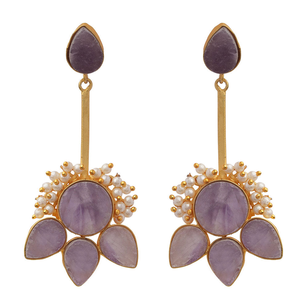 Ziyana- Stone Studded Baby Pearl Dangler Earrings(Purple)
