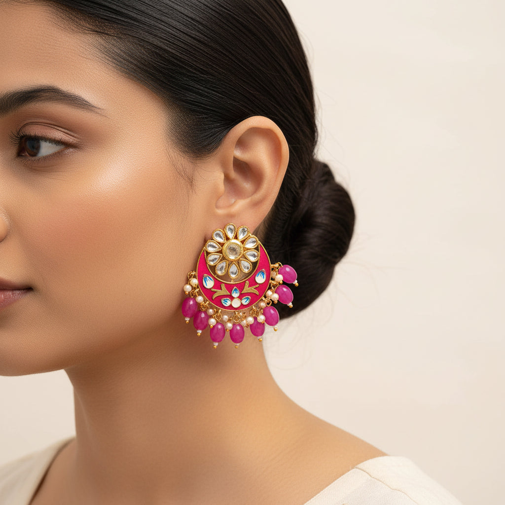 Aarvi- Stone Studded Dangler Earrings(Pink)