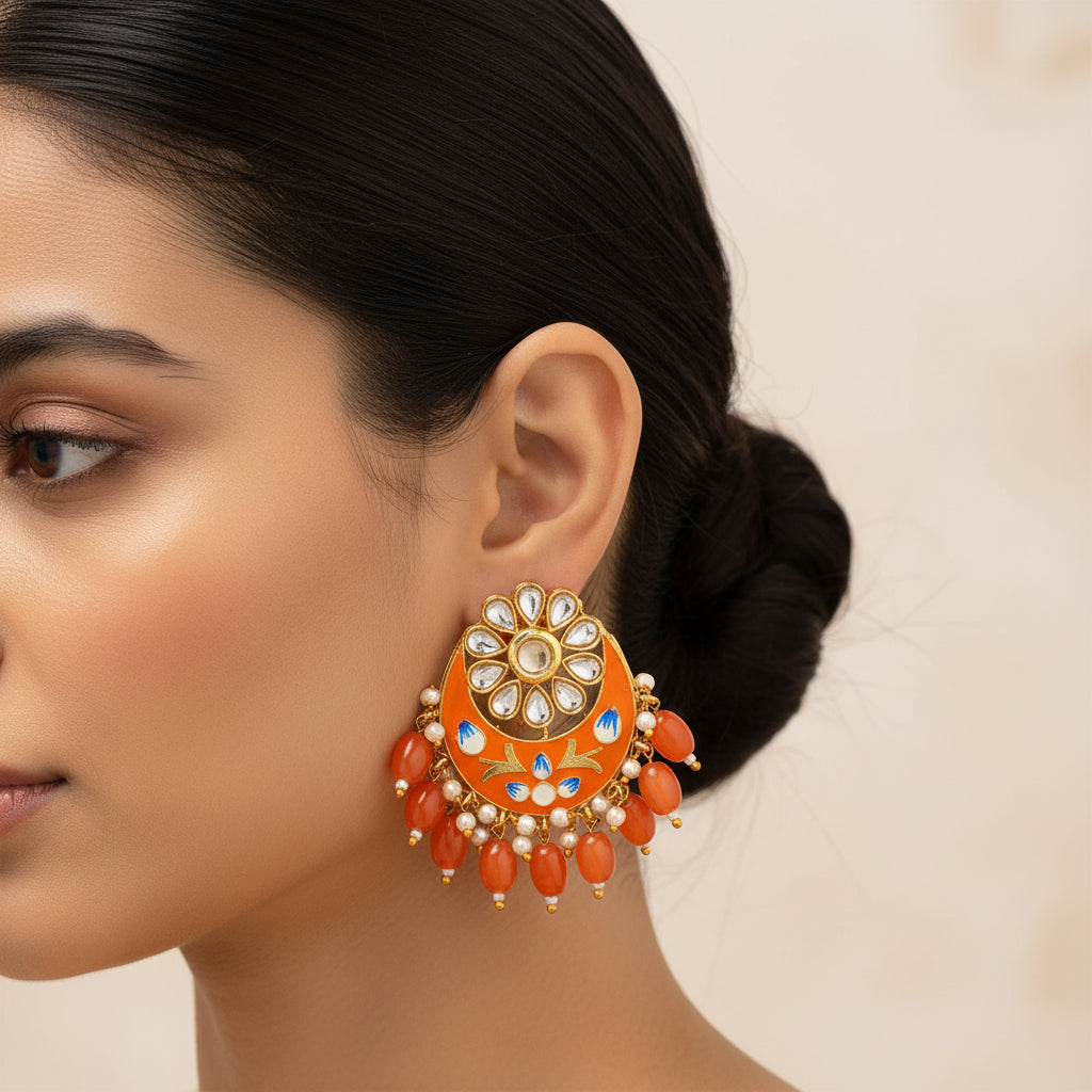 Aarvi- Stone Studded Dangler Earrings(Orange)