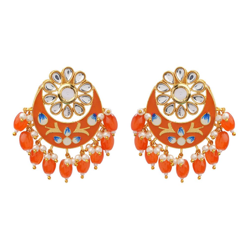 Aarvi- Stone Studded Dangler Earrings(Orange)