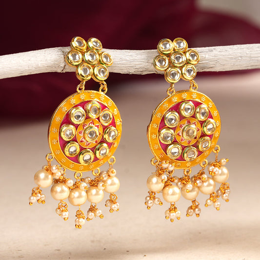 Aarya- Meenakari Work Hanging Pearl Dangler Earrings(Pink)