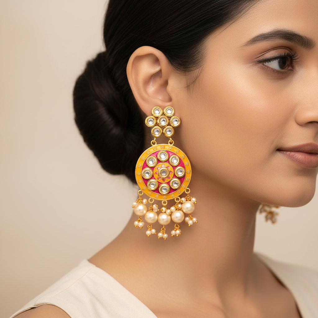 Aarya- Meenakari Work Hanging Pearl Dangler Earrings(Pink)