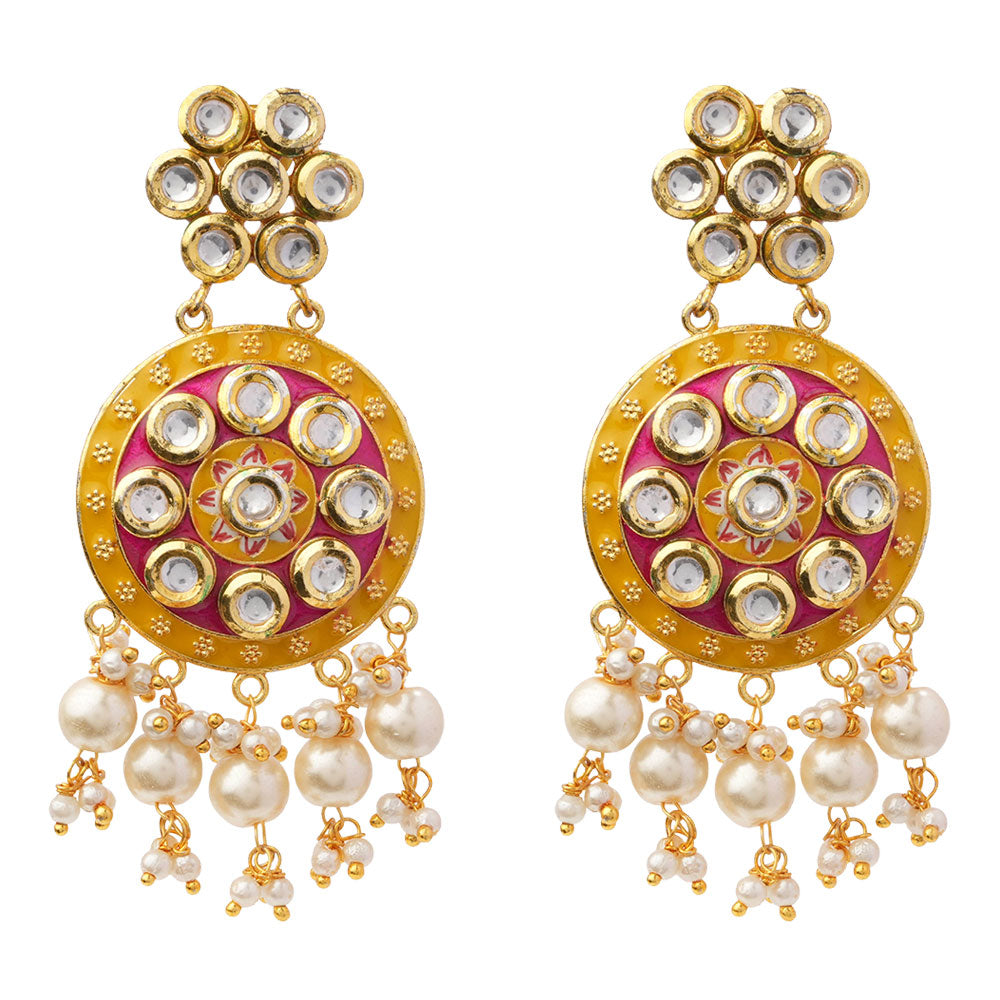 Aarya- Meenakari Work Hanging Pearl Dangler Earrings(Pink)