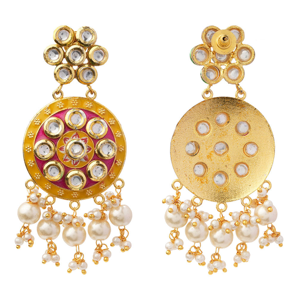 Aarya- Meenakari Work Hanging Pearl Dangler Earrings(Pink)