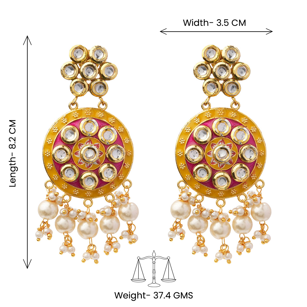 Aarya- Meenakari Work Hanging Pearl Dangler Earrings(Pink)