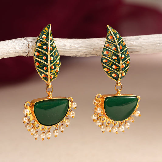 Aashi- Stone Studded Dangler Earrings(Green)