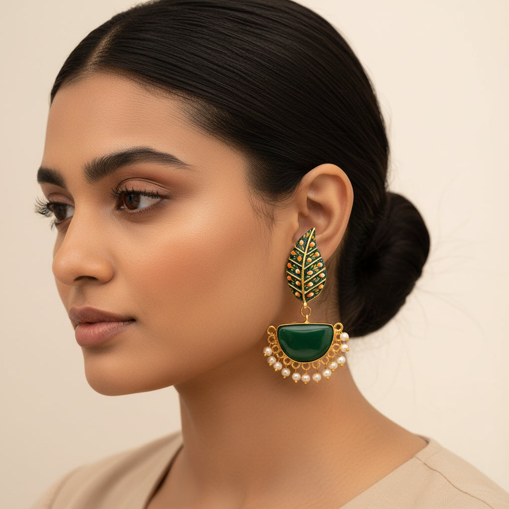 Aashi- Stone Studded Dangler Earrings(Green)