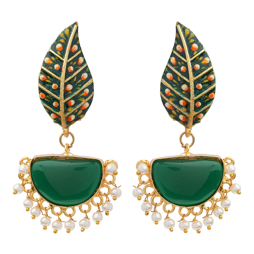 Aashi- Stone Studded Dangler Earrings(Green)