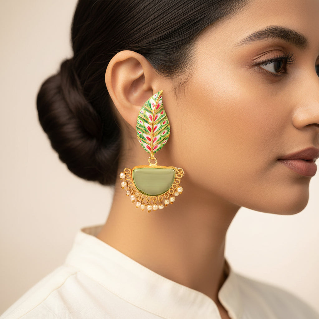 Aashi- Stone Studded Dangler Earrings(Pale Green)