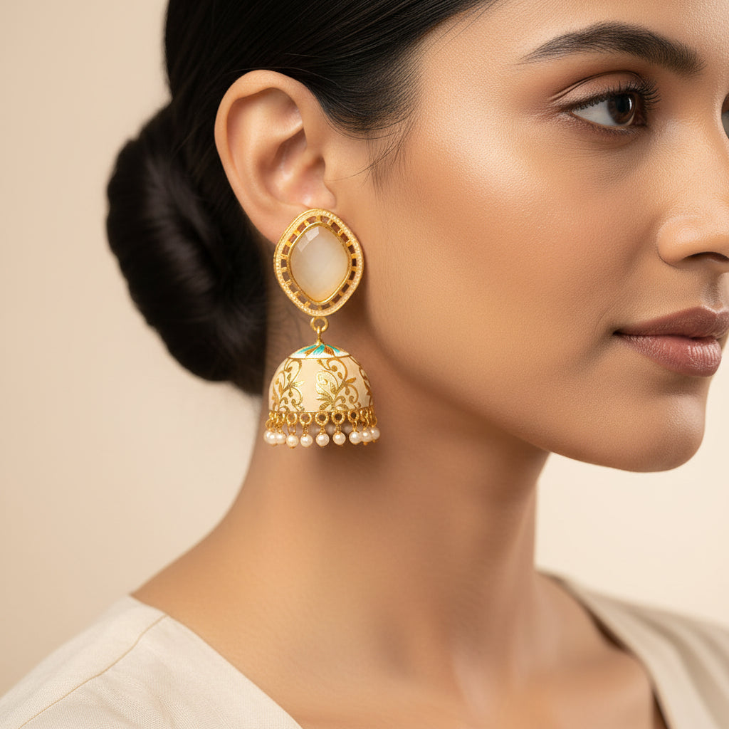 Aayushi- Stone Studded Hanging Pearl Jhumka Earrings