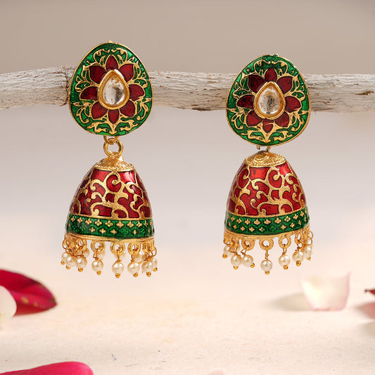 Advika- Stone Studded Hanging Pearls Jhumka Earrings(Green)