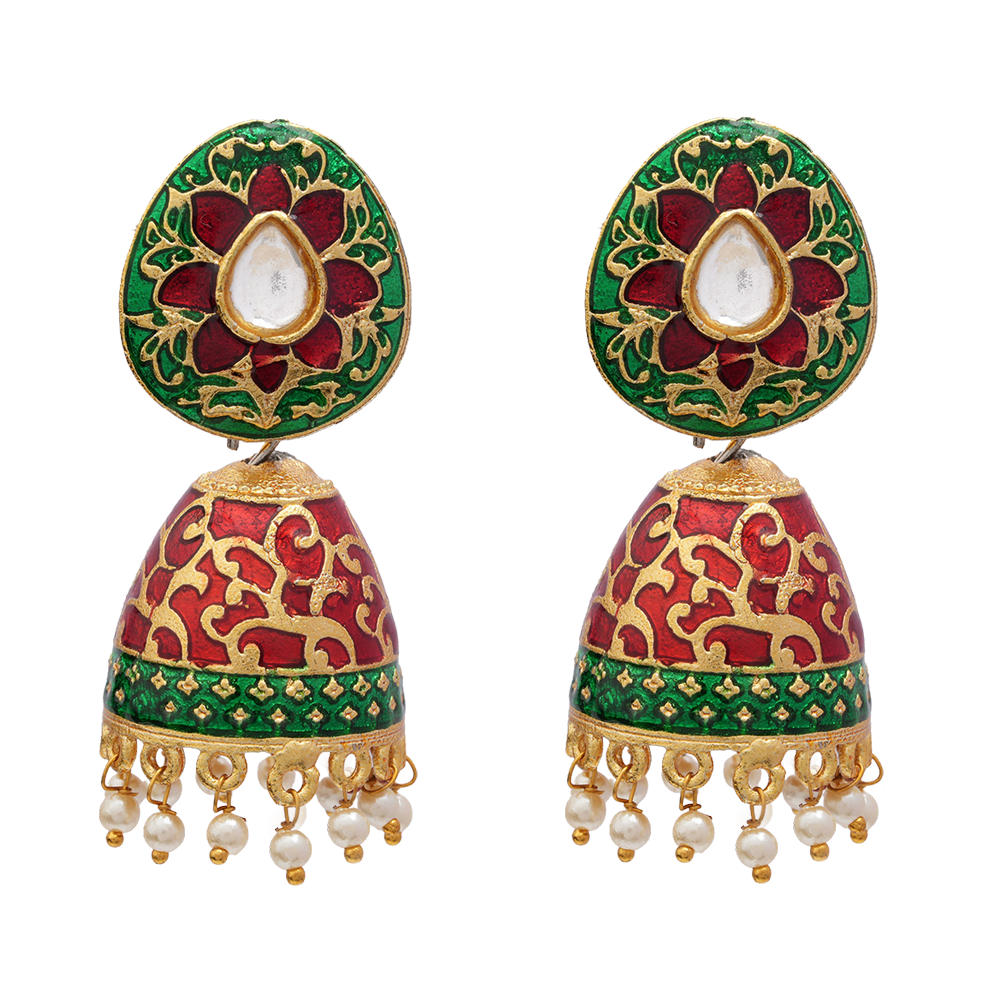 Advika- Stone Studded Hanging Pearls Jhumka Earrings(Green)