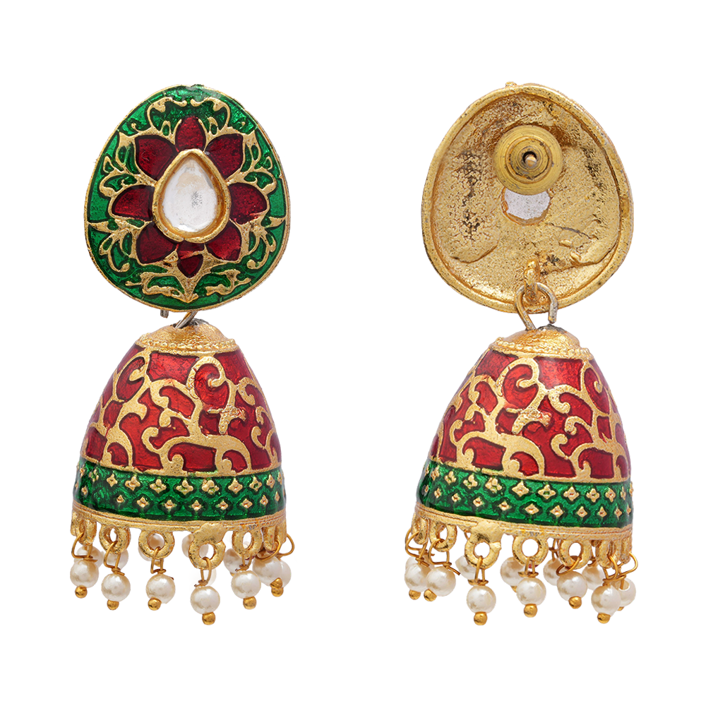Advika- Stone Studded Hanging Pearls Jhumka Earrings(Green)