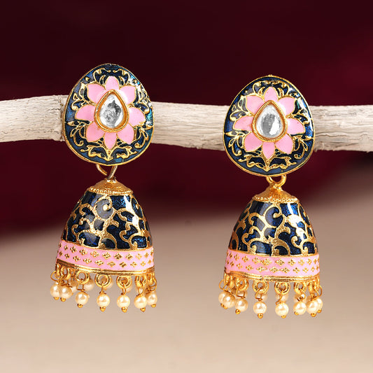 Advika- Stone Studded Hanging Pearls Jhumka Earrings(Blue)