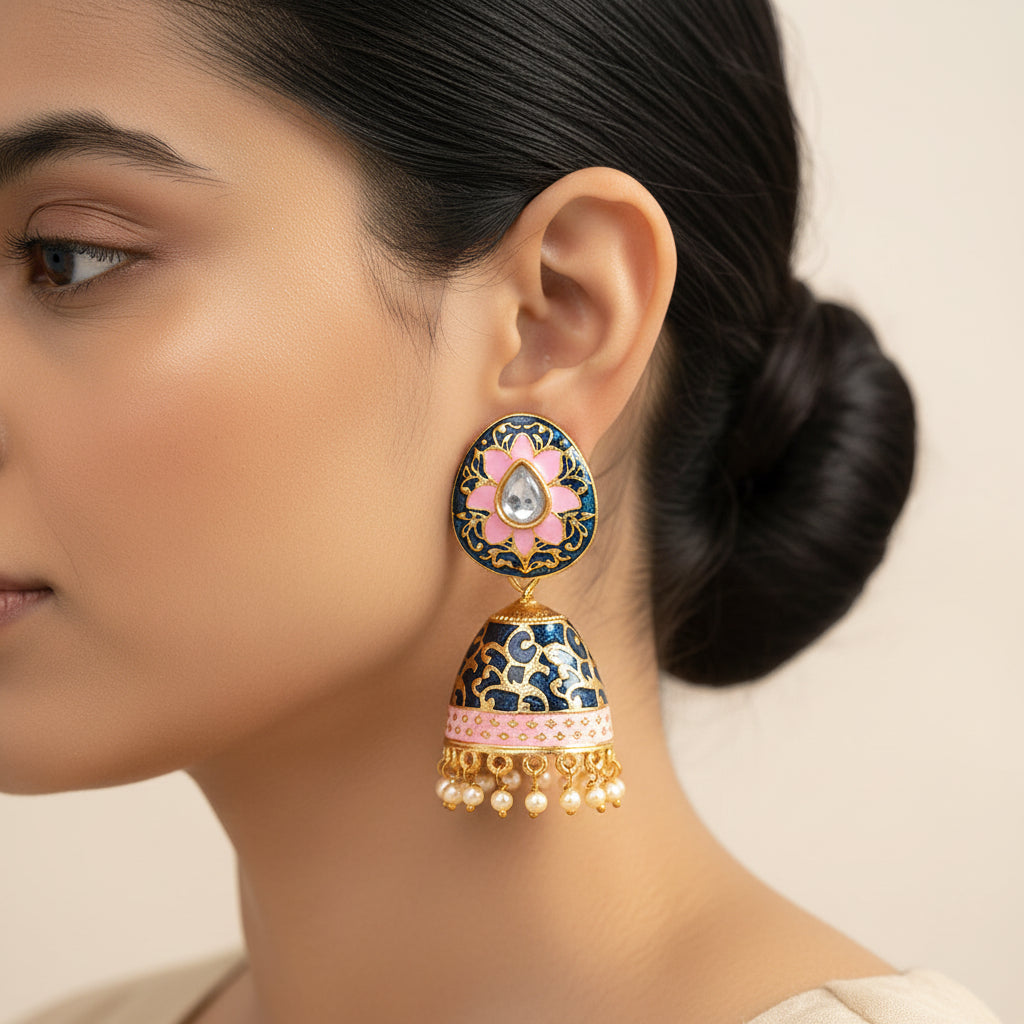 Advika- Stone Studded Hanging Pearls Jhumka Earrings(Blue)