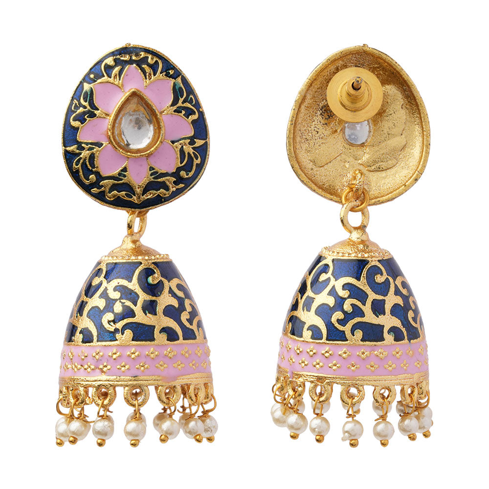 Advika- Stone Studded Hanging Pearls Jhumka Earrings(Blue)