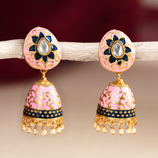 Advika- Stone Studded Hanging Pearls Jhumka Earrings(Light Pink)