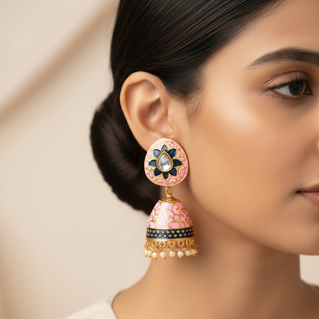 Advika- Stone Studded Hanging Pearls Jhumka Earrings(Light Pink)