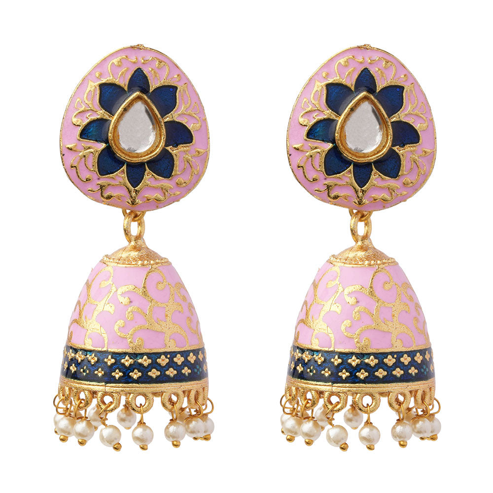 Advika- Stone Studded Hanging Pearls Jhumka Earrings(Light Pink)