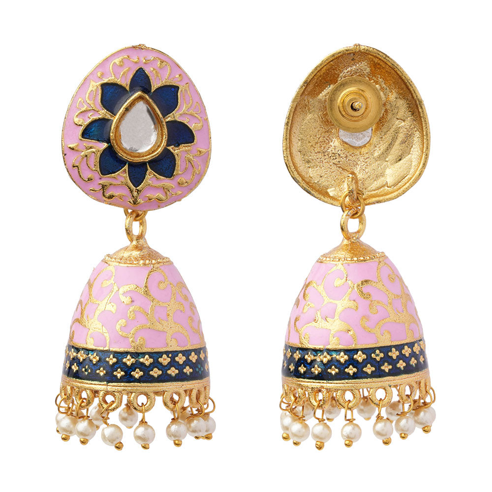 Advika- Stone Studded Hanging Pearls Jhumka Earrings(Light Pink)