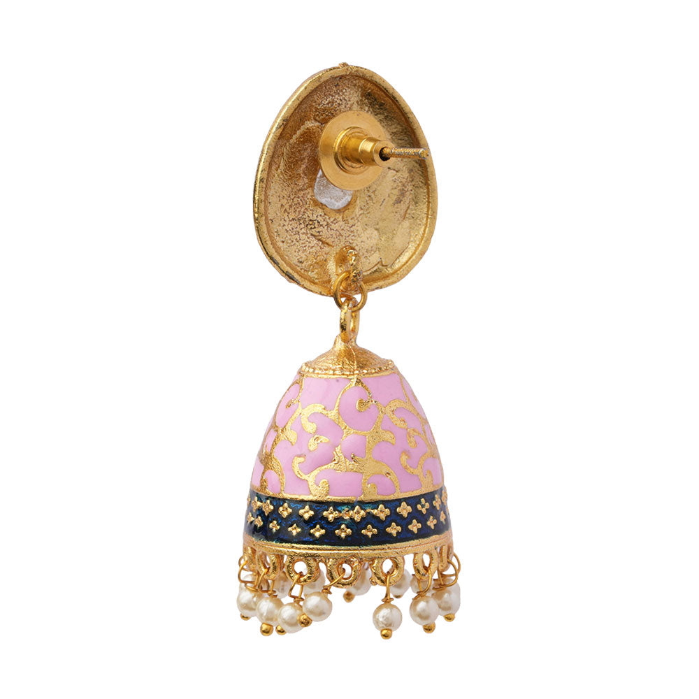 Advika- Stone Studded Hanging Pearls Jhumka Earrings(Light Pink)