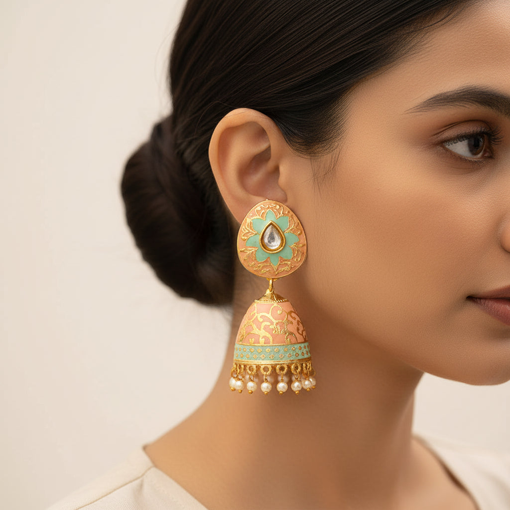 Advika- Stone Studded Hanging Pearls Jhumka Earrings(Peach Puff)