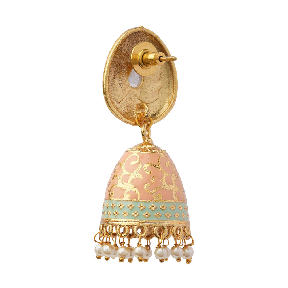 Advika- Stone Studded Hanging Pearls Jhumka Earrings(Peach Puff)