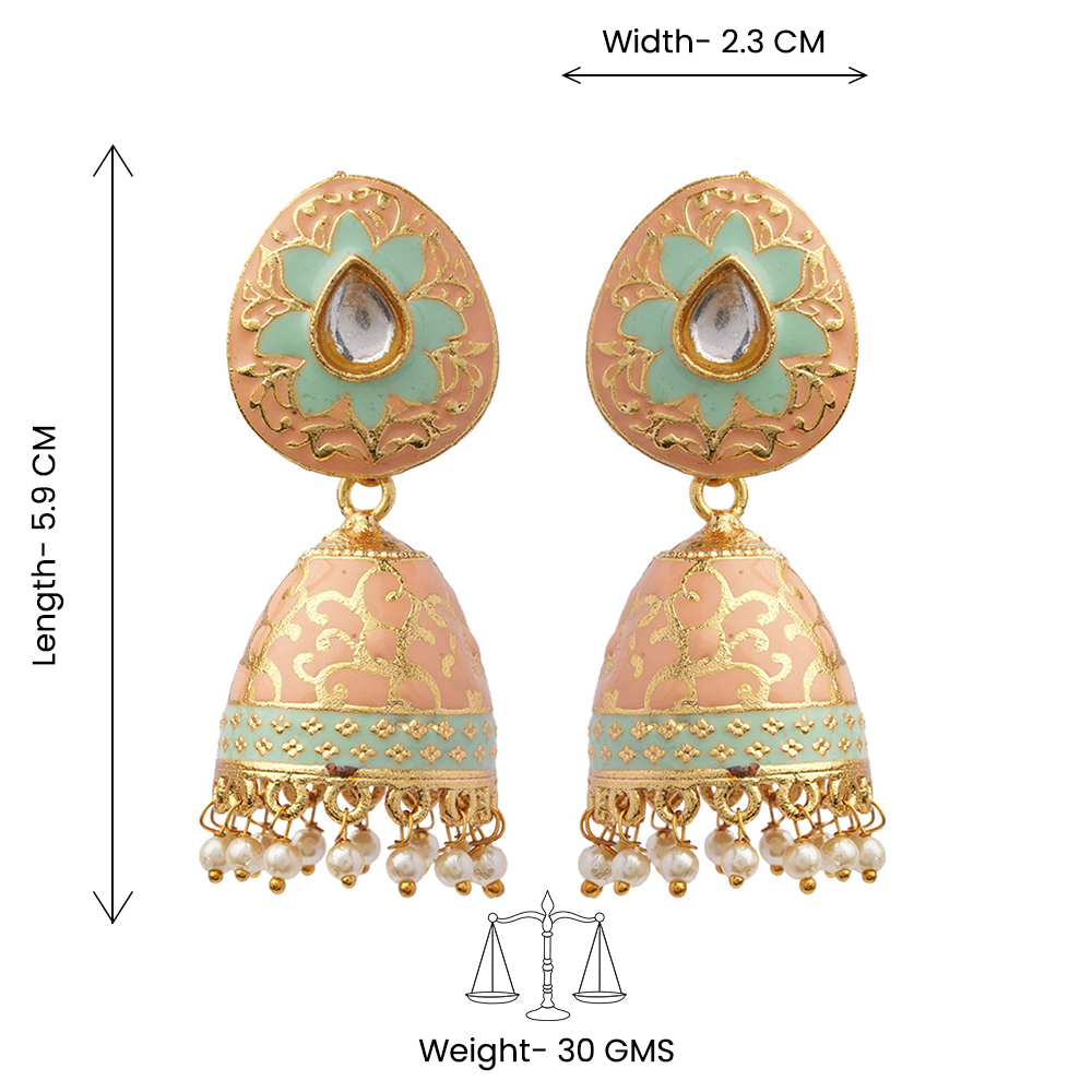 Advika- Stone Studded Hanging Pearls Jhumka Earrings(Peach Puff)
