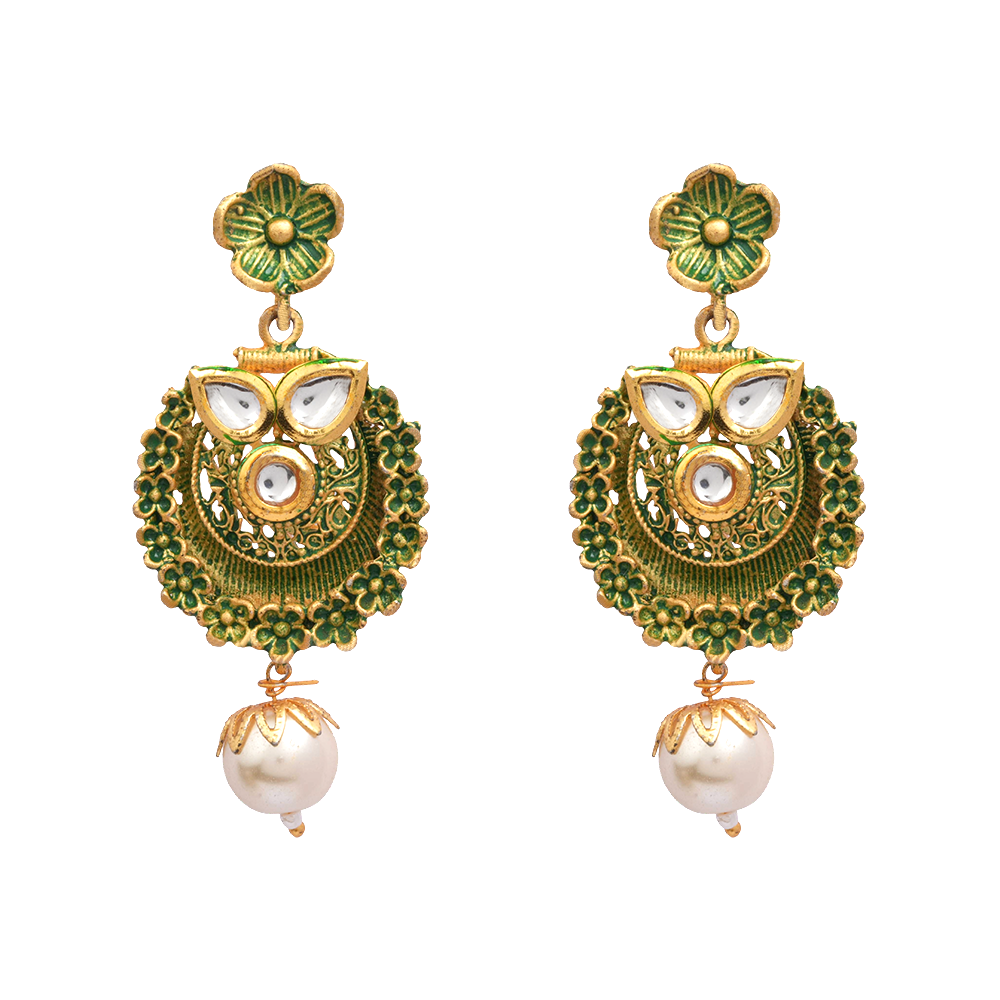 Tanirika- Stone Studded Hanging Pearl Dangler Earrings(Green)