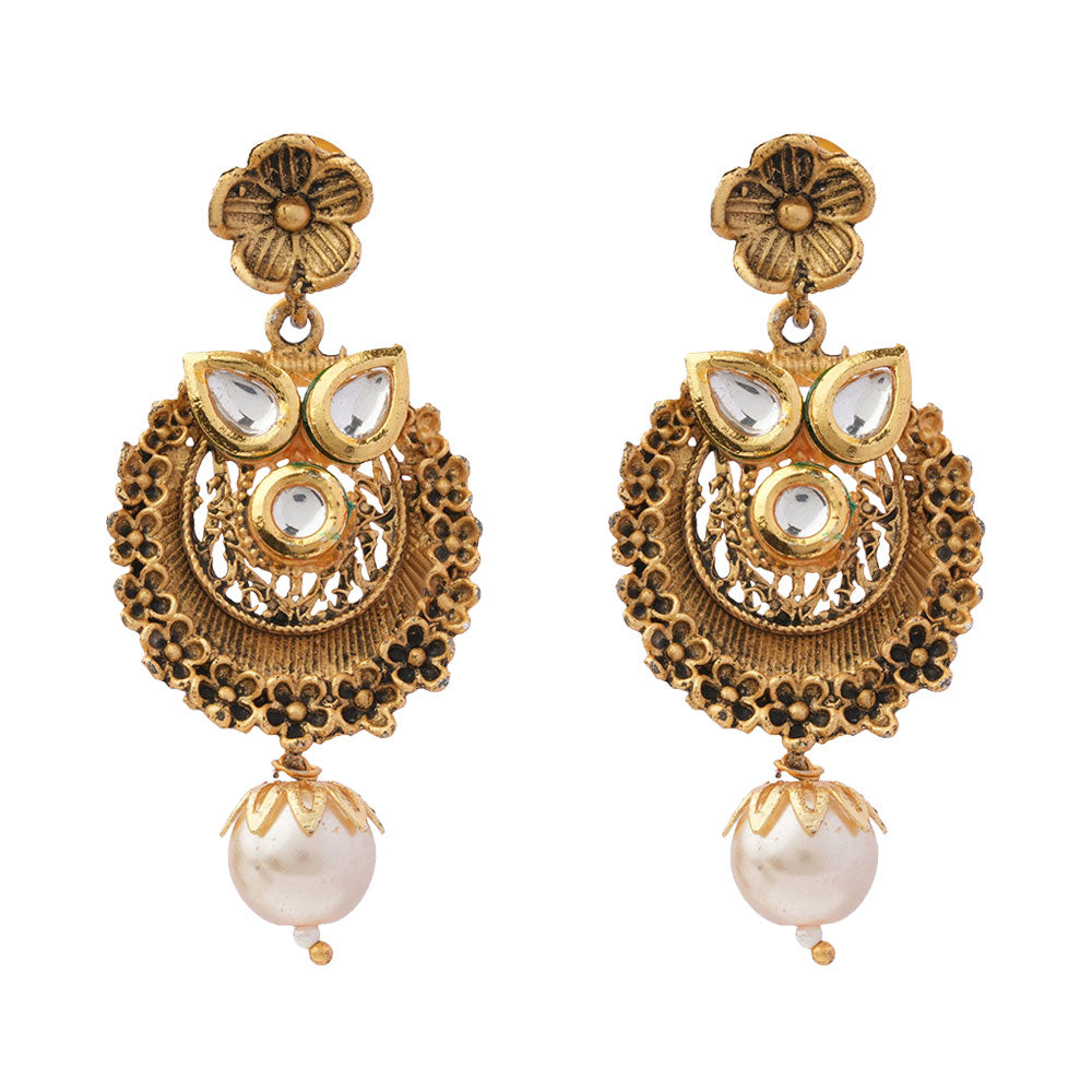 Tanirika- Stone Studded Hanging Pearl Dangler Earrings(White)