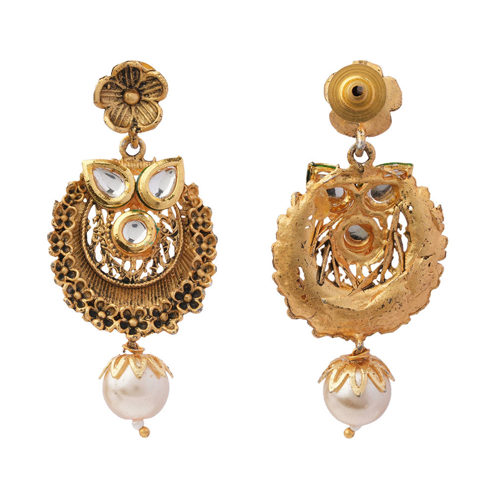 Tanirika- Stone Studded Hanging Pearl Dangler Earrings(White)