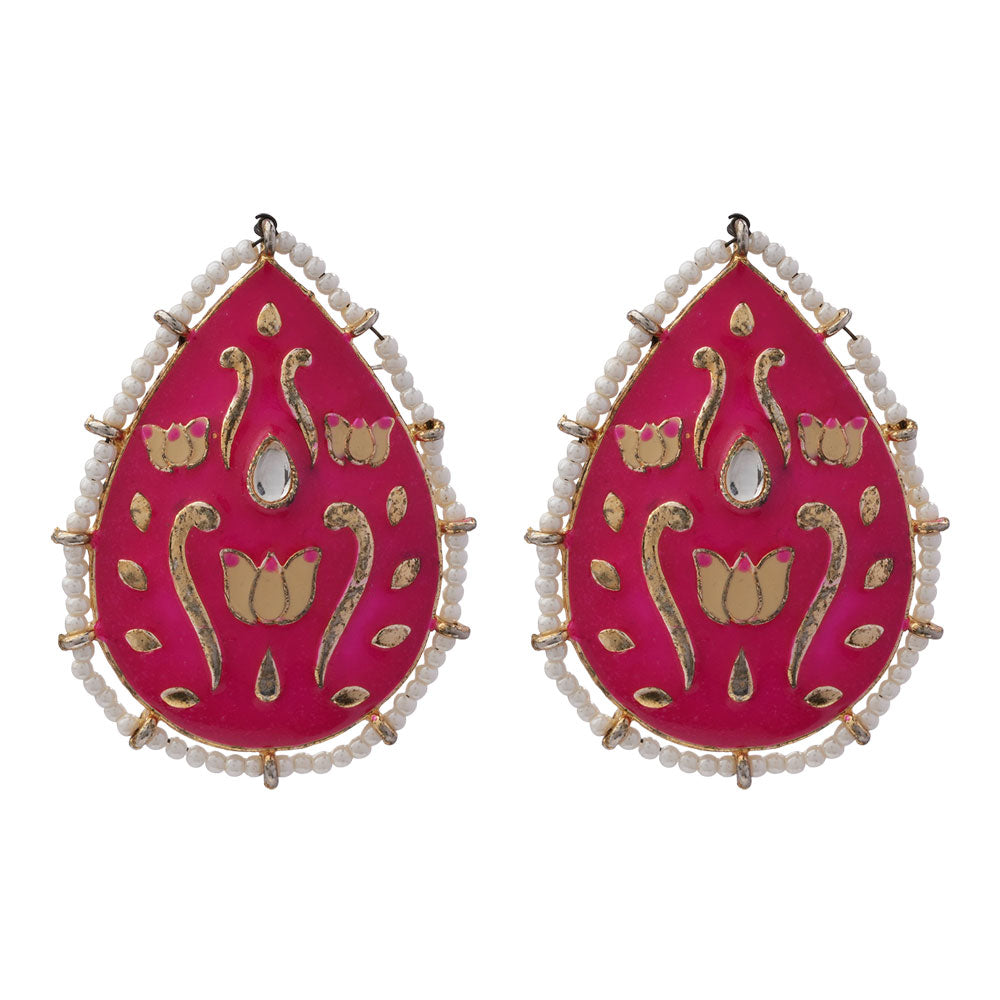 Alaya- Pearl Framed Drop Shaped Stud Earrings(Red)