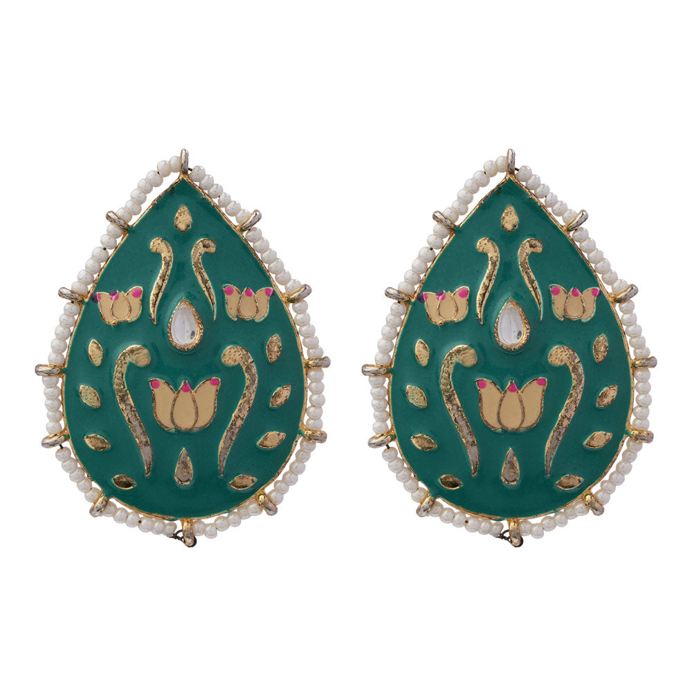 Alaya- Pearl Framed Drop Shaped Stud Earrings(Green)