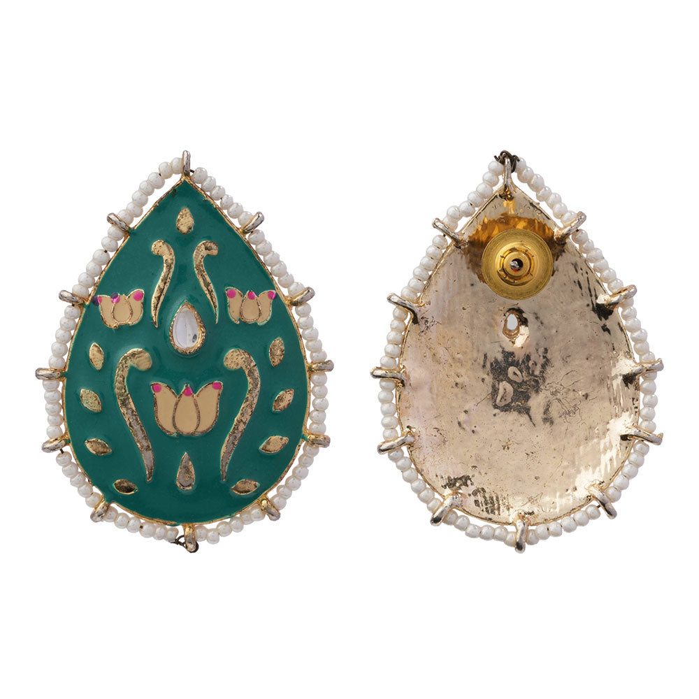 Alaya- Pearl Framed Drop Shaped Stud Earrings(Green)