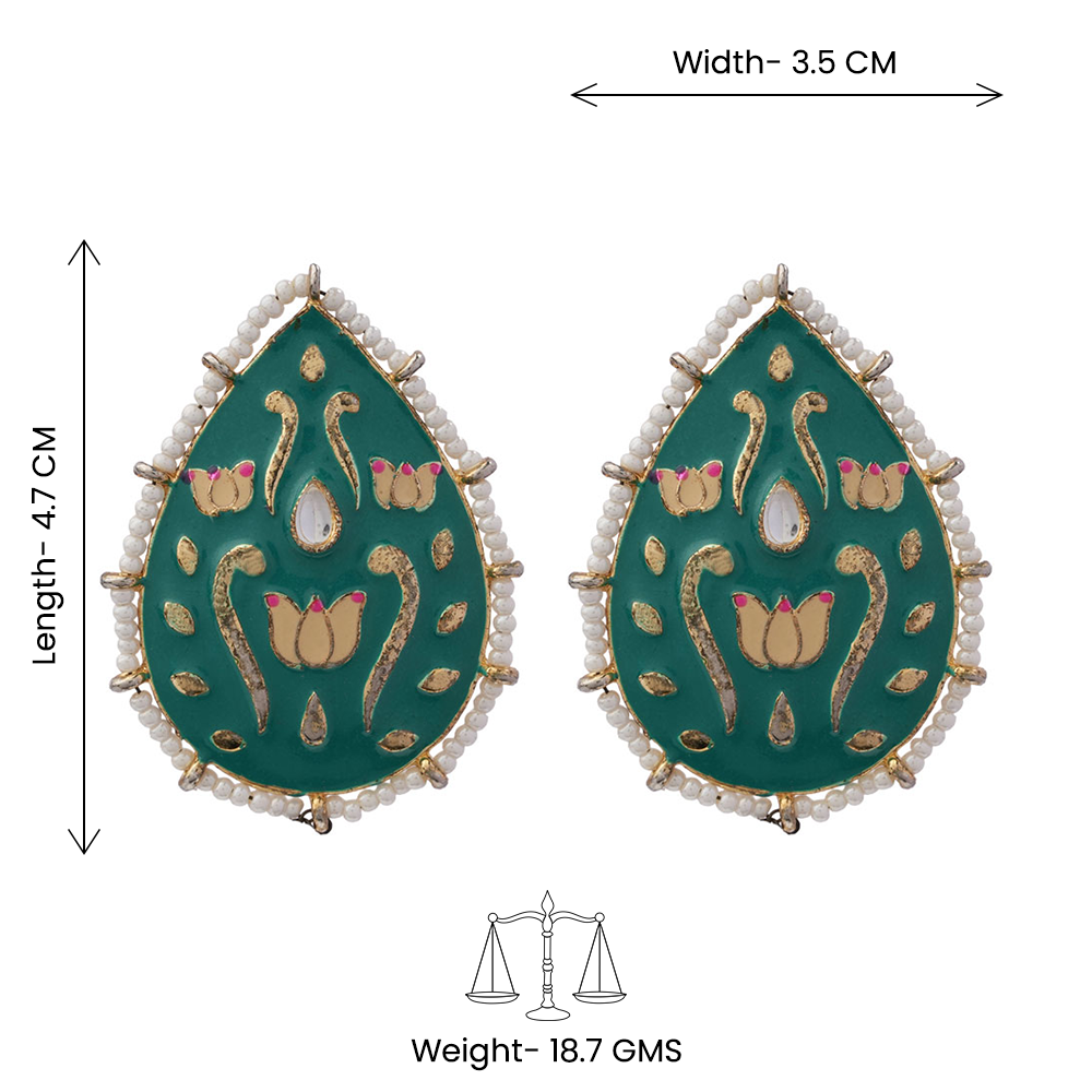 Alaya- Pearl Framed Drop Shaped Stud Earrings(Green)