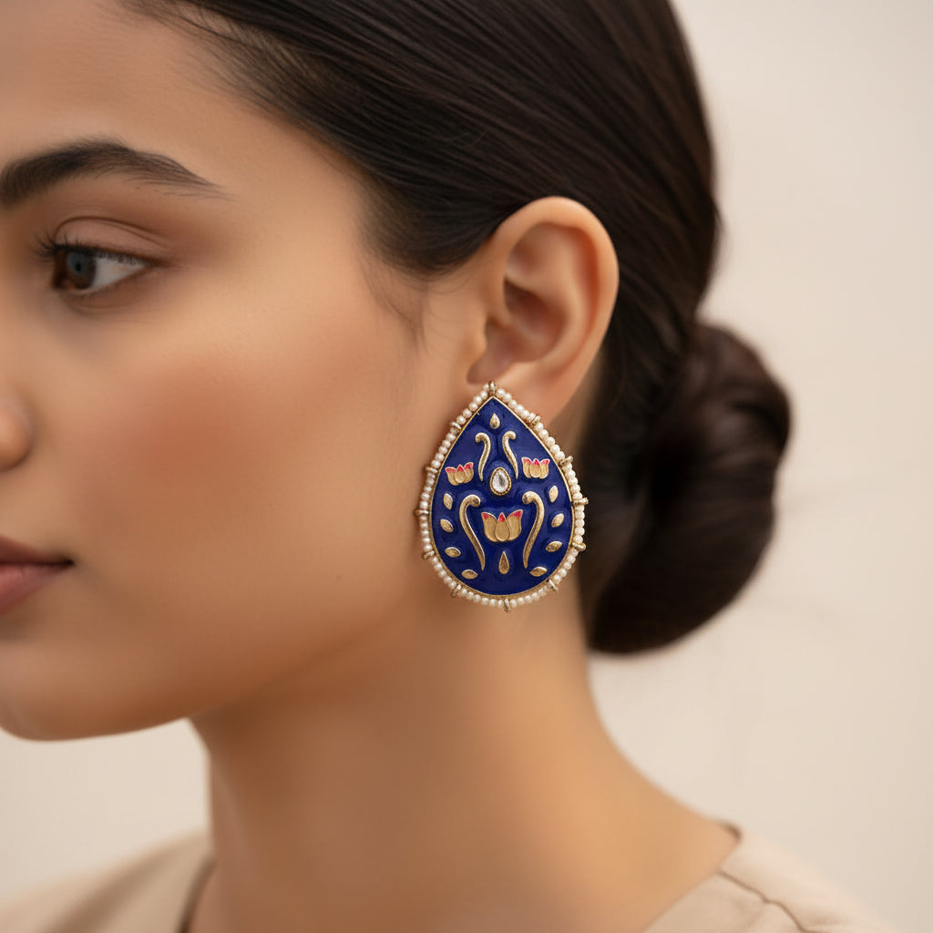 Alaya- Pearl Framed Drop Shaped Stud Earrings(Blue)