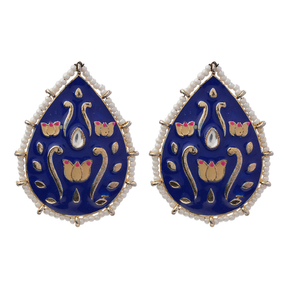 Alaya- Pearl Framed Drop Shaped Stud Earrings(Blue)