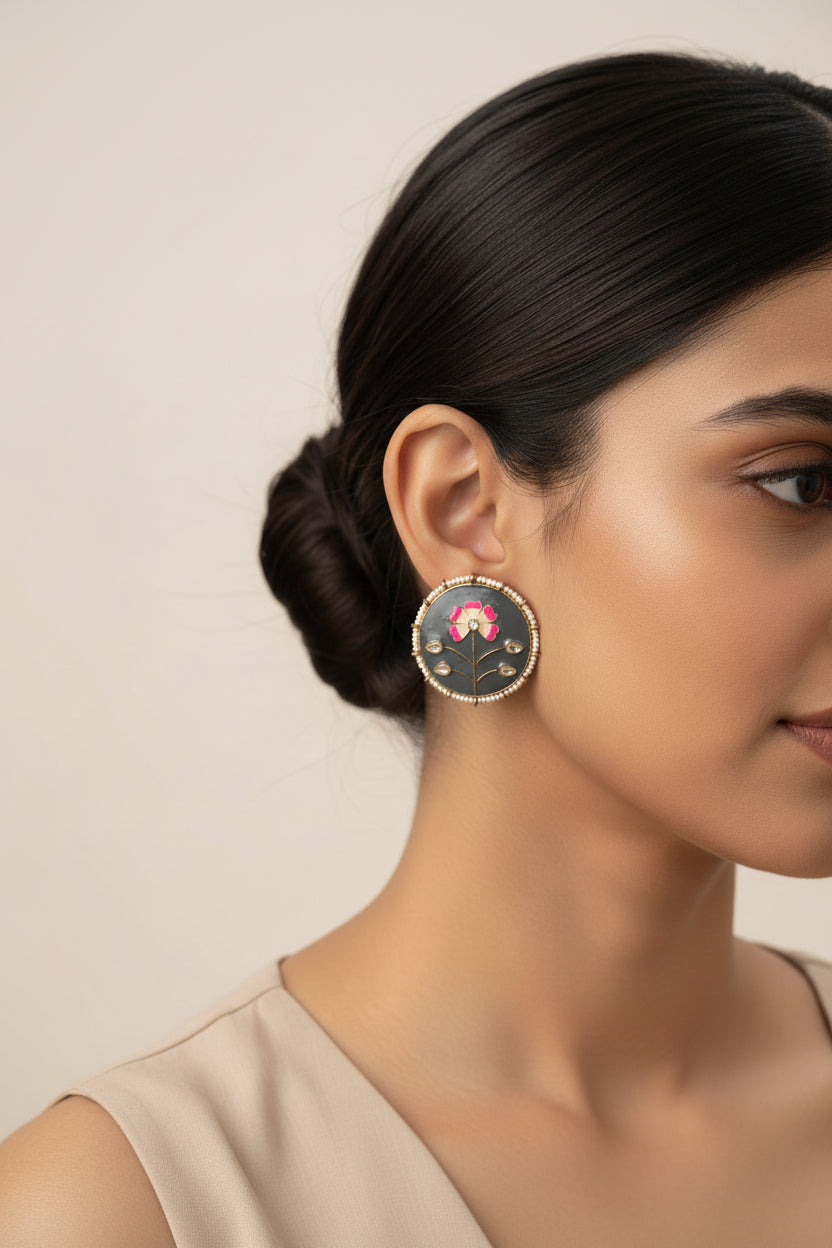 Anahita- Stone Studded Pearl Framed Stud Earrings(Gray)