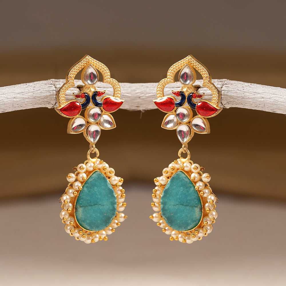 Anvi- Stone Studded Pearl Framed Dangler Earring(Blue)