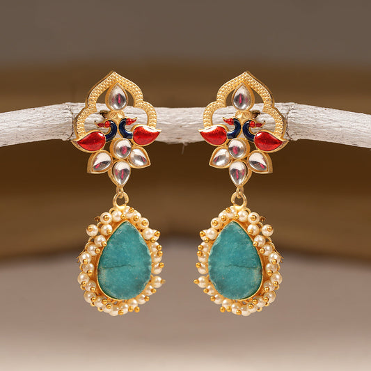 Anvi- Stone Studded Pearl Framed Dangler Earring(Blue)
