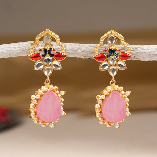 Anvi- Stone Studded Pearl Framed Dangler Earring(Pink)