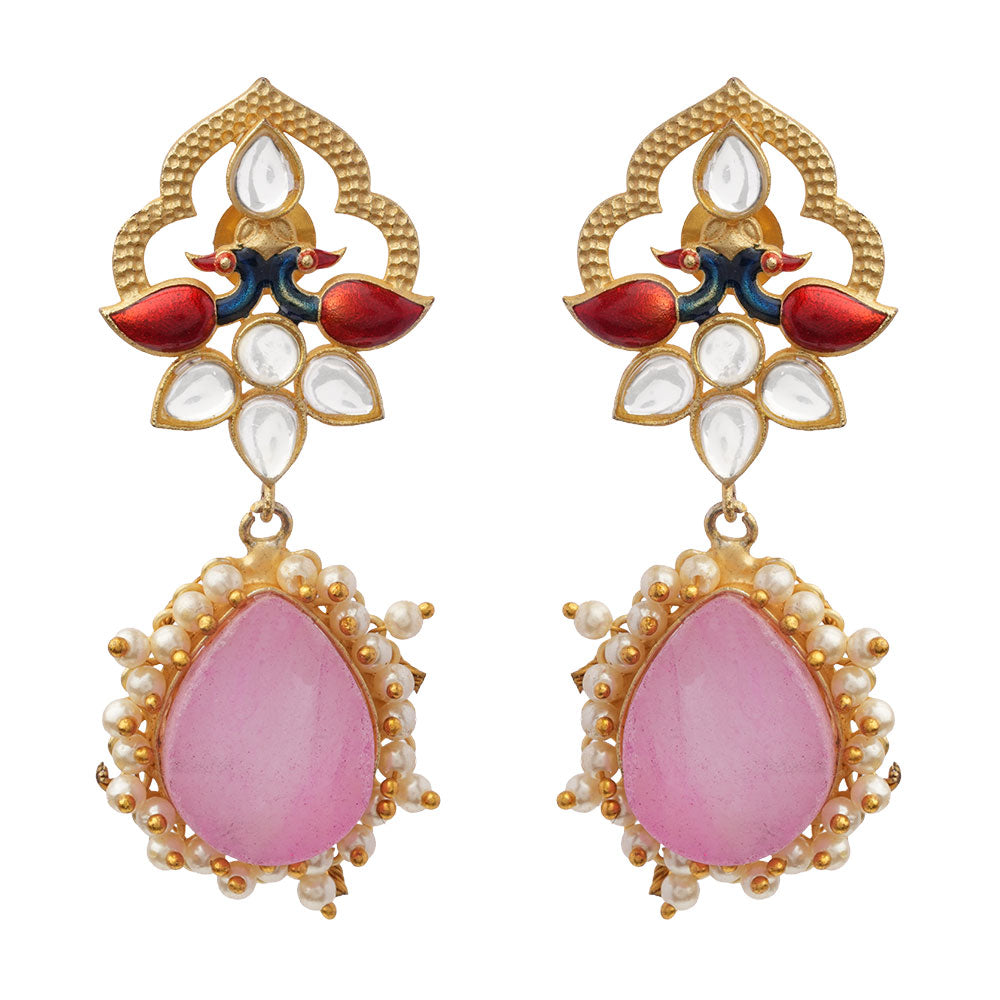 Anvi- Stone Studded Pearl Framed Dangler Earring(Pink)