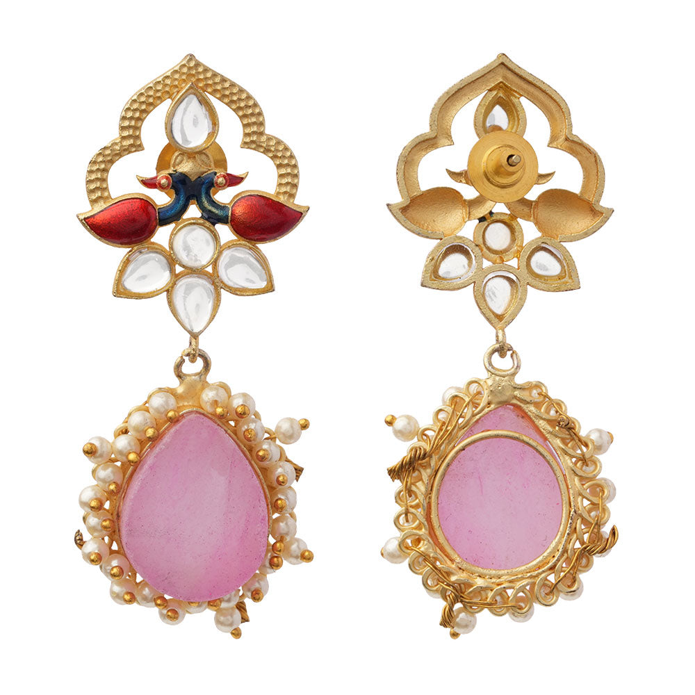 Anvi- Stone Studded Pearl Framed Dangler Earring(Pink)