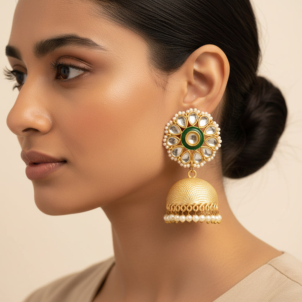 Arisha- Stone Studded Pearl Framed Jhumka Earrings