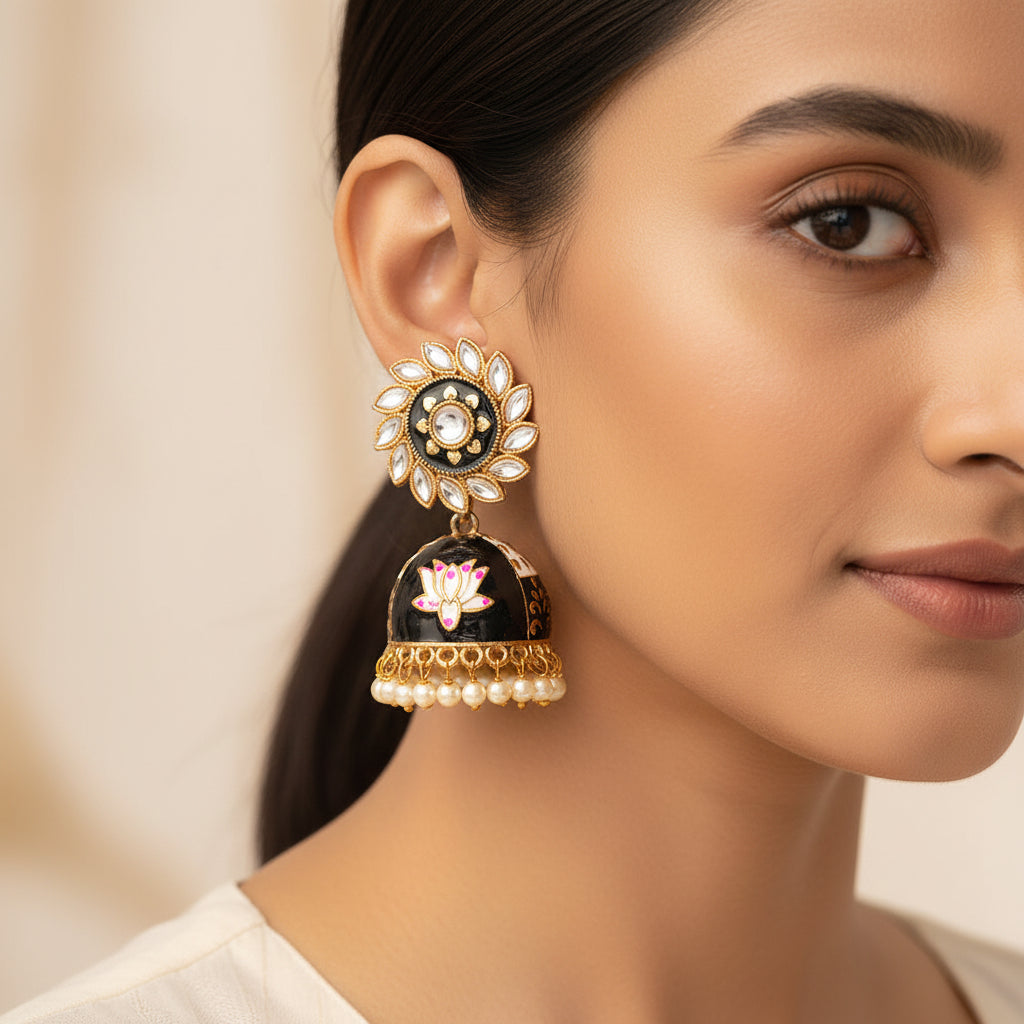 Avni- Stone Studded Hanging Pearls Jhumka Earrings