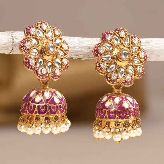 Chhavi- Stone Studded Hanging Pearls Jhumka Earrings