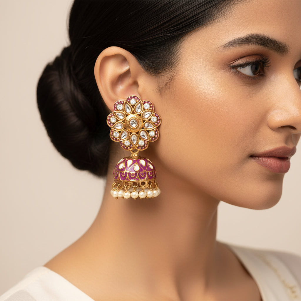 Chhavi- Stone Studded Hanging Pearls Jhumka Earrings
