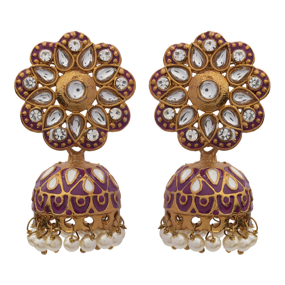 Chhavi- Stone Studded Hanging Pearls Jhumka Earrings