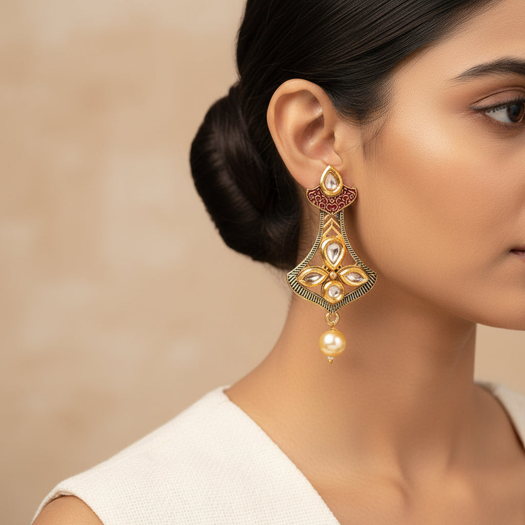 Daksha- Stone Studded Hanging Pearl Dangler Earrings