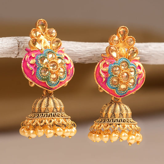 Divya- Stone Studded Hanging Pearl Jhumka Earrings (Red)